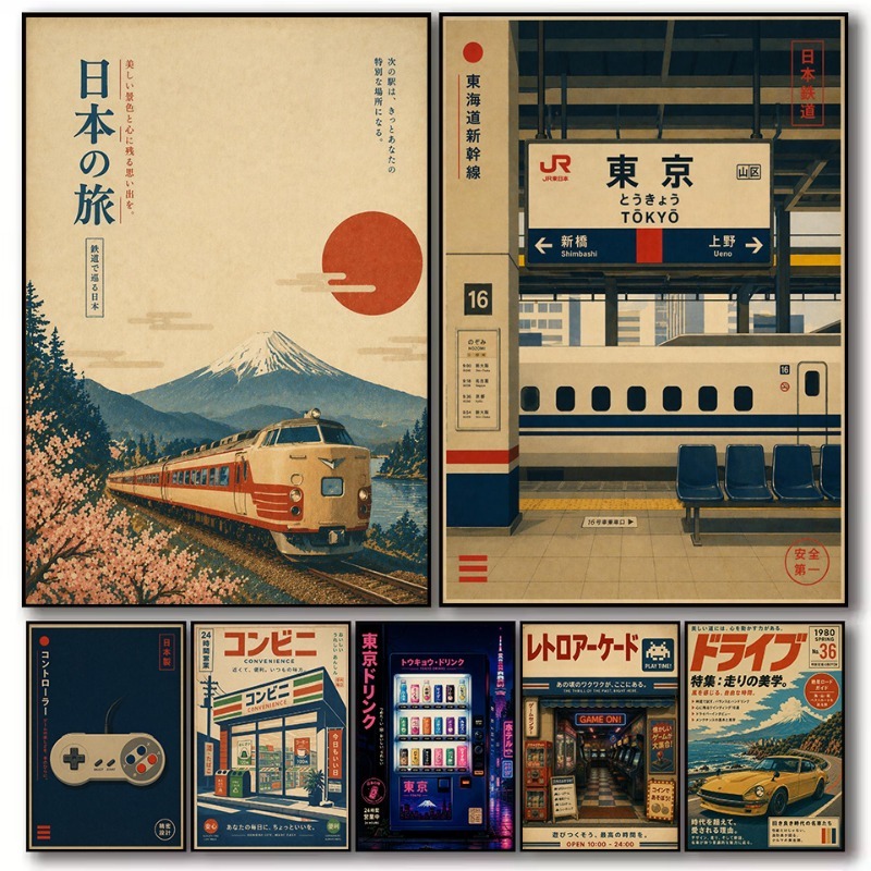Japanese Lifestyle Store - Vintage Japanisches Traditionelles Spielhallen-Poster mit Bahnhofsmotiv