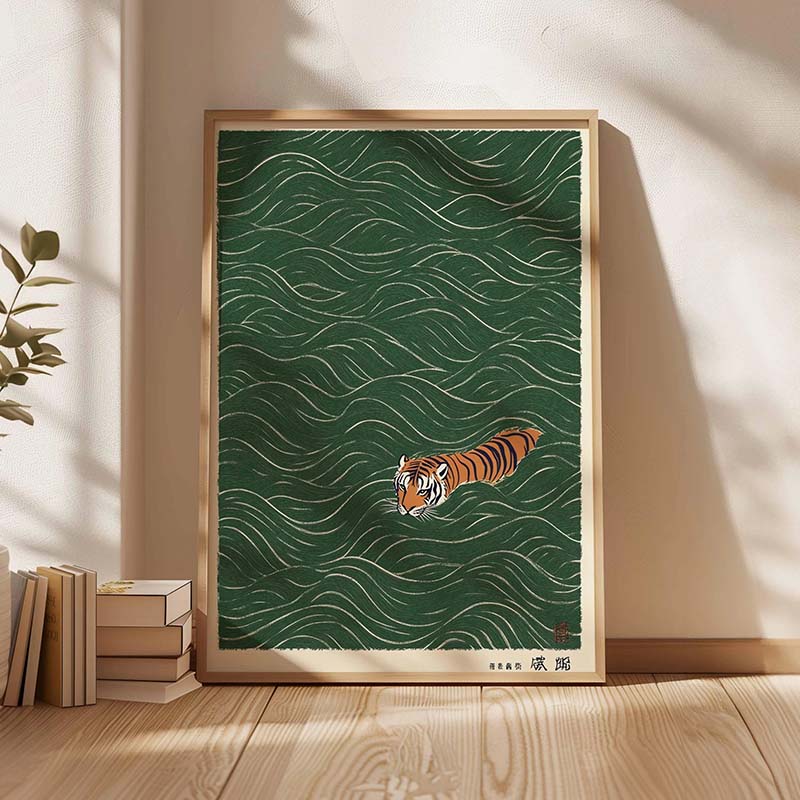 Japanese Minimalist Lifestyle - Japanisches Tiger-Schwimm-Poster im Vintage-Ukiyo-e-Stil, Leinwandgemälde, Druck,