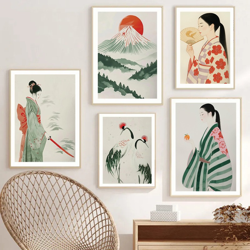 Japanese Minimalist Lifestyle - Mount Fuji & Crane Japanischer Wanddruck,