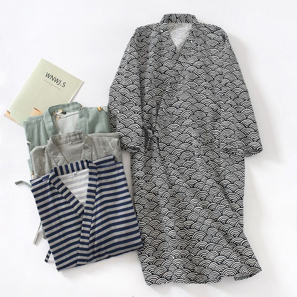 Kimono Yukata Cotton - Nachthemd mit V-Ausschnitt, Herren-Kimono-Bademantel, lockerer Langarm-Kimono-Pyjama,